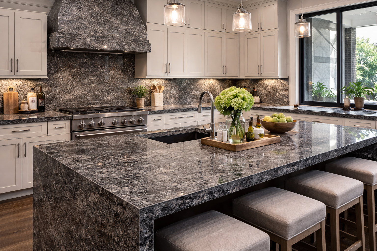Granite kitchen countertop with polished edge profile in a modern kitchen design