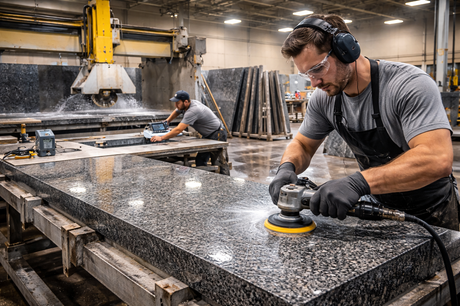 Kitchen fabricator handling granite slab with templating tools and precision equipment