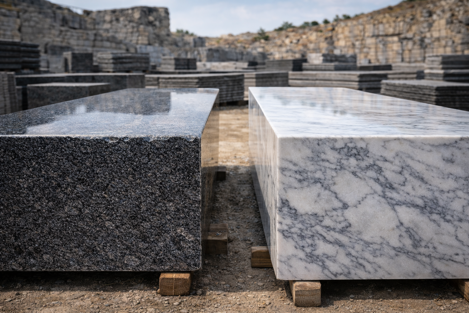 Side-by-side comparison of granite and marble slabs showing material differences