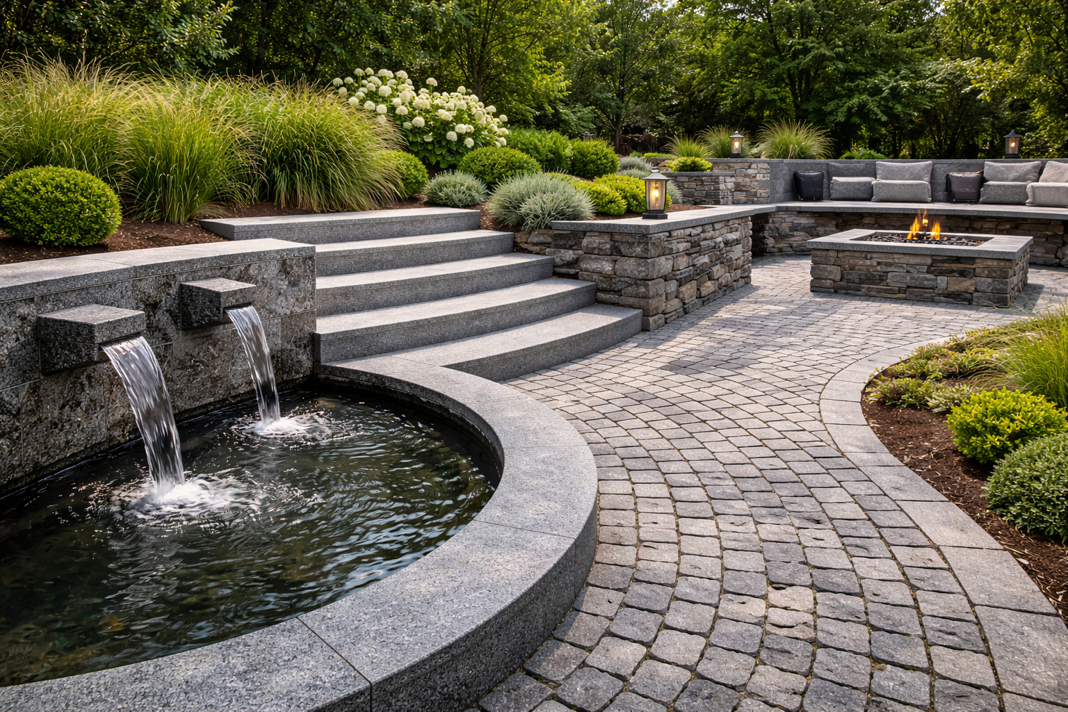 Natural stone paving and water features in a landscaped garden designed by an architect