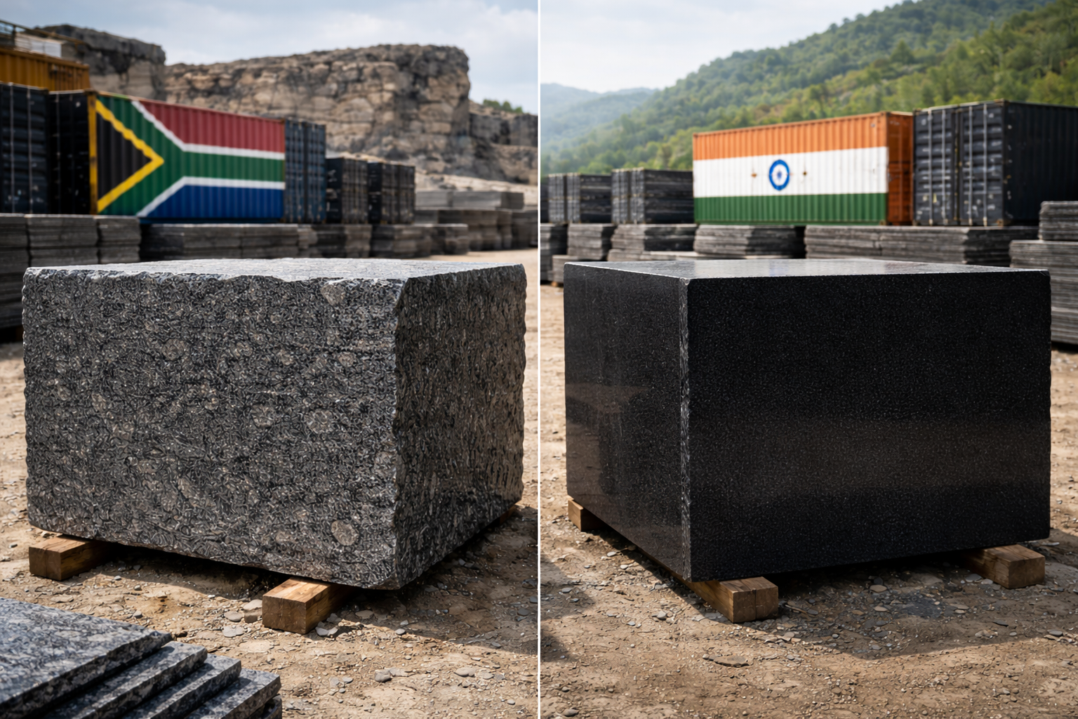 Rustenburg granite and Indian Black granite slabs side by side for comparison