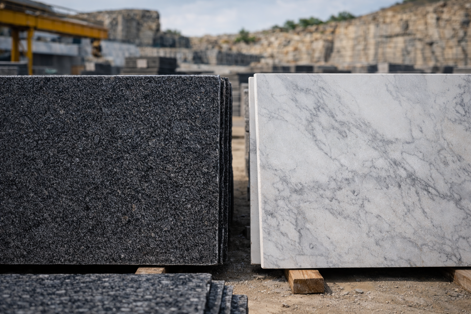 Natural stone slab next to porcelain slab comparing durability and appearance