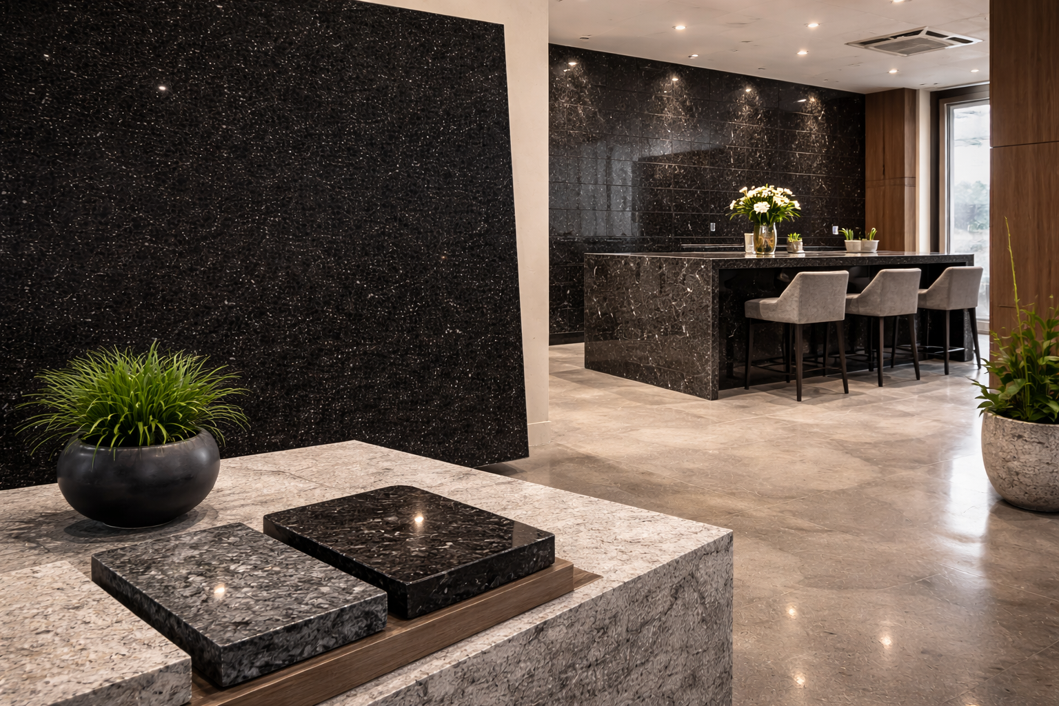 Zimbabwe Black granite slab with deep dark colouring and polished finish