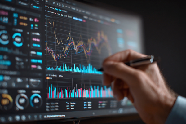 Hand holding a pen pointing at a computer screen displaying colorful financial charts and graphs.