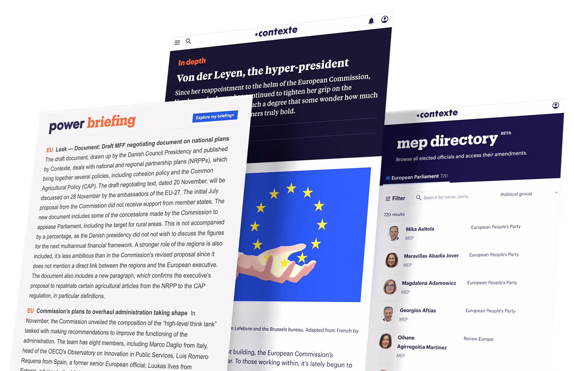 Captures d'écran de pages web de Contexte montrant un article approfondi sur Von der Leyen, une section de briefing sur les plans nationaux de l'UE, et un annuaire des députés européens.