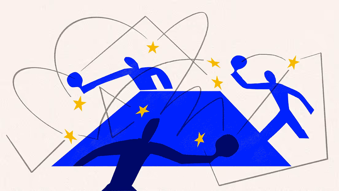 Trois silhouettes stylisées en bleu jouant à attraper une balle ronde avec des étoiles jaunes autour sur un fond beige.