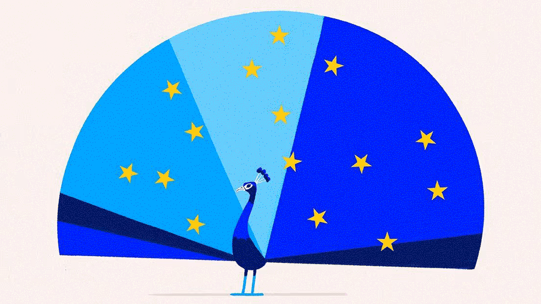 Un paon stylisé avec sa queue déployée en éventail bleu orné d'étoiles jaunes, rappelant le drapeau européen.