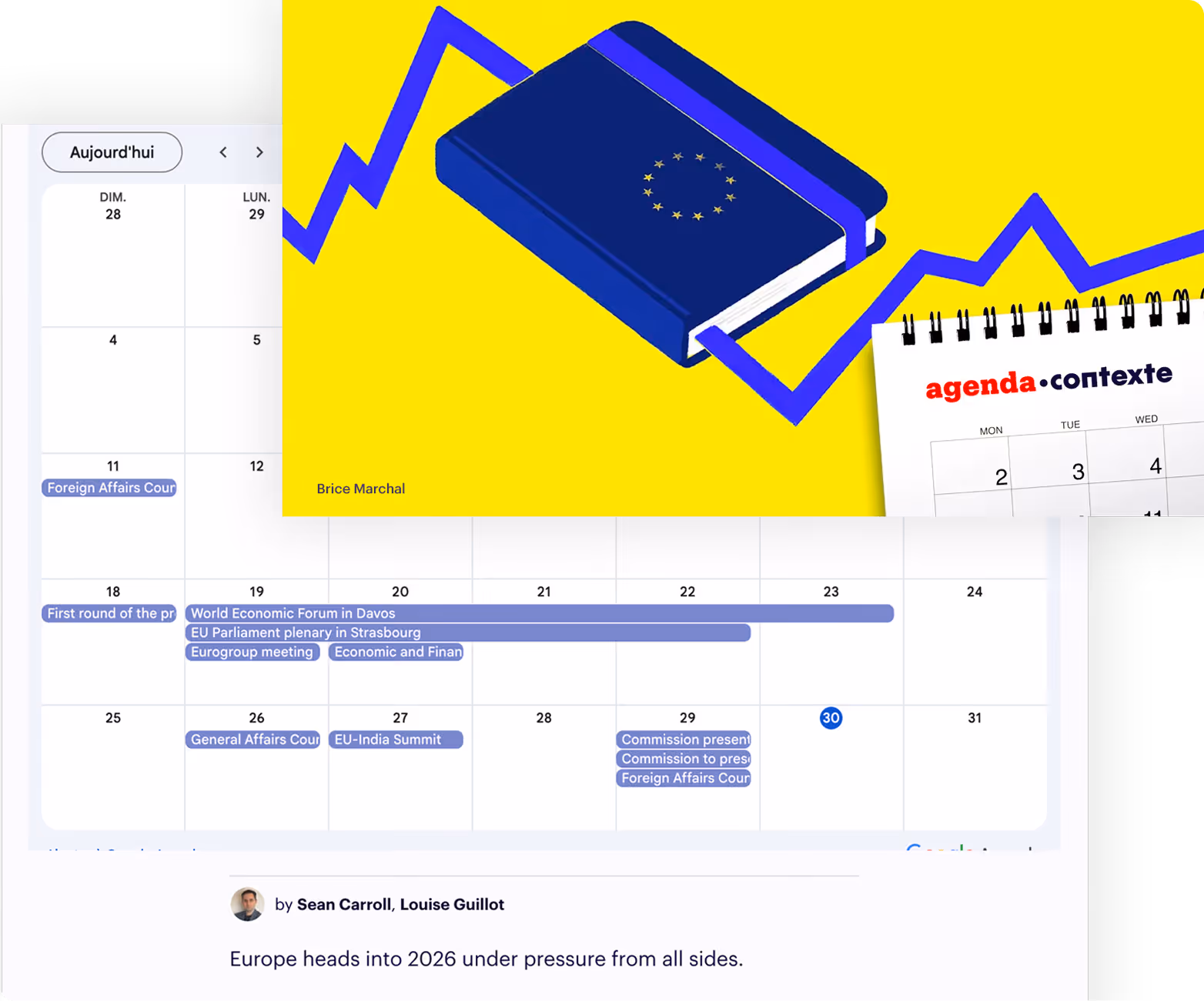 Calendar with European political events from January 2026 and illustration of a European passport linked to a blue zigzag graph.