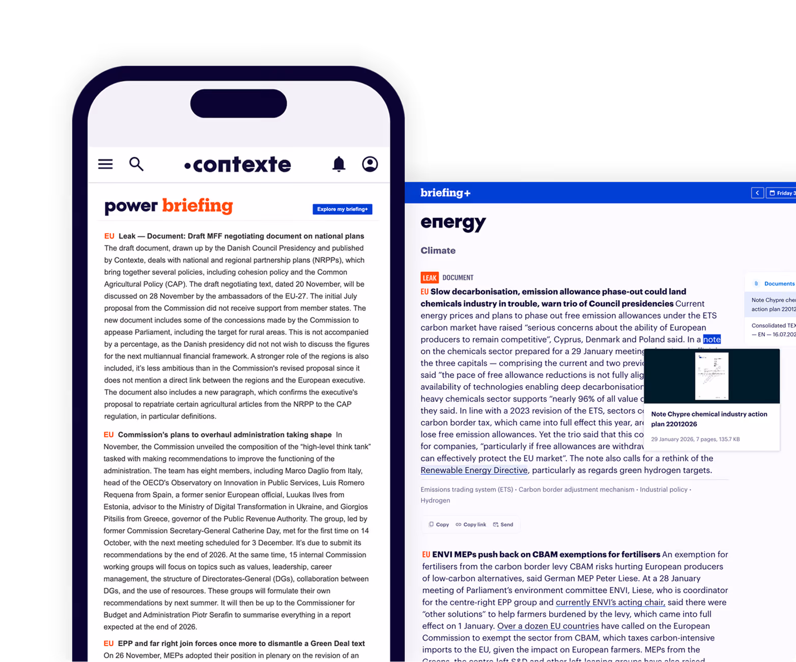 Screenshot of a digital article on decarbonization and European energy policies with notes and highlights.