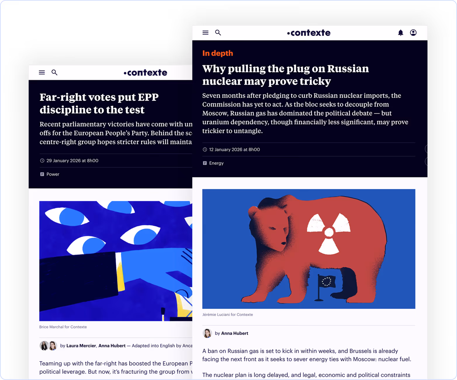 Screen capture of two articles on the Context site, one on far-right votes testing EPP discipline and the other on the challenges of shutting down Russia's nuclear power, with abstract illustrations and an image of a red bear wearing a nuclear symbol.