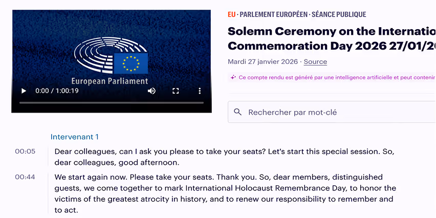 Screen capture from a European Parliament video on the solemn ceremony for the International Holocaust Remembrance Day, with subtitles and text in French on the right.