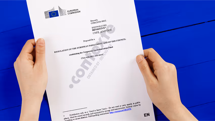 A person holding an official European Commission document entitled “Proposal for a regulation of the European Parliament and of the Council establishing the Temporary Decarbonization Fund”. 