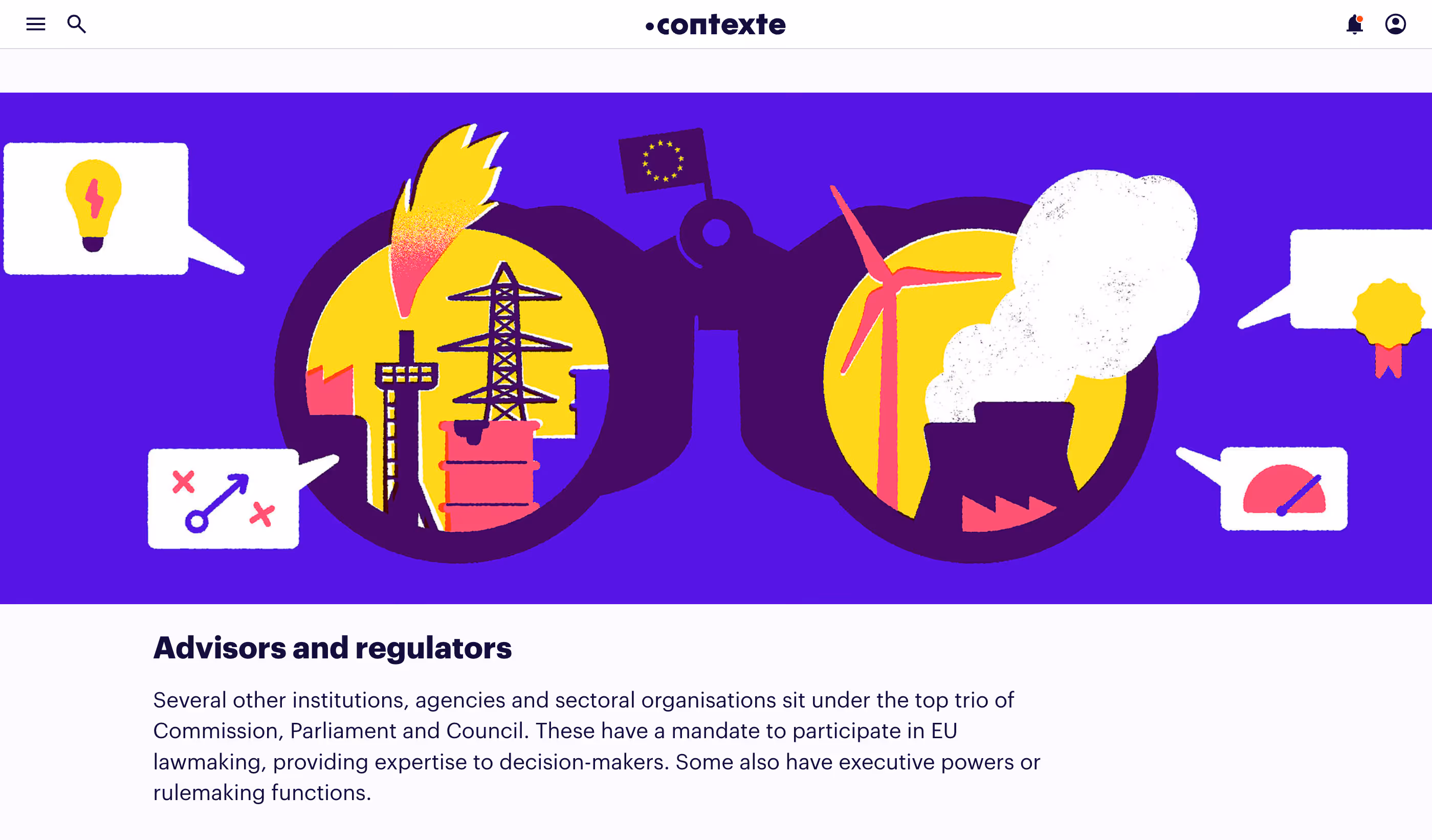 Illustration of a pair of binoculars with a factory, tower and power tower on one side, and a wind turbine and power plant with smoke on the other, surrounded by icons symbolizing ideas, strategies, strategies, certifications, and limitations.