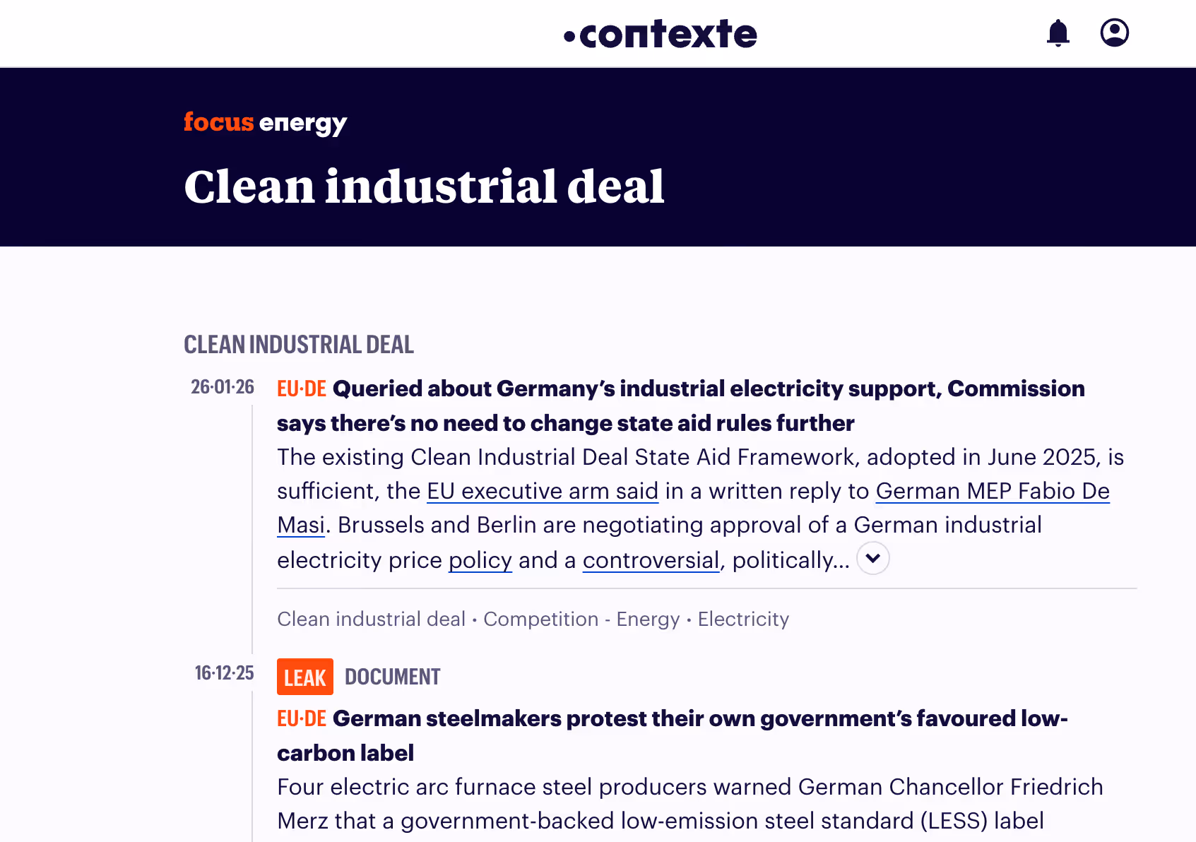 Excerpt from articles on a website called Context, discussing a clean industrial agreement and controversies in Germany on energy policy and low-carbon labels.
