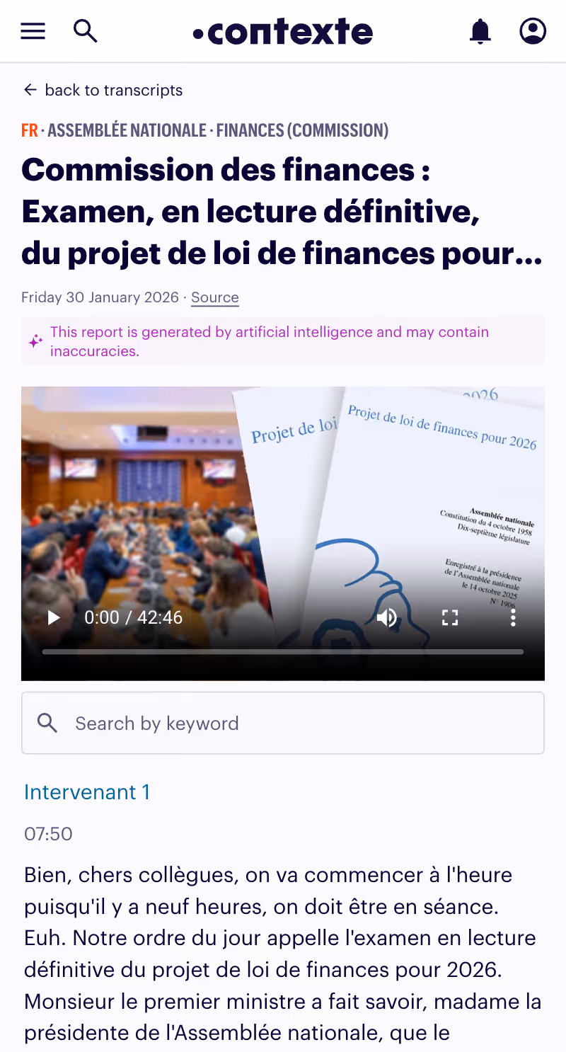 Background web page showing a National Assembly finance committee with a title on the review of the finance bill, a video with a meeting room, and a bill document.