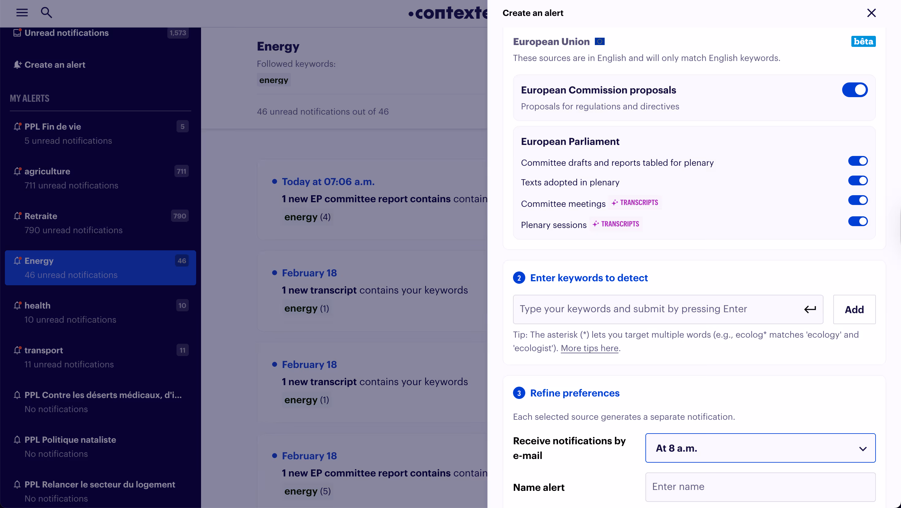 Interface de création d’une alerte de veille avec sélection des sources européennes, saisie des mots-clés et réglage des notifications par e-mail à 8h.