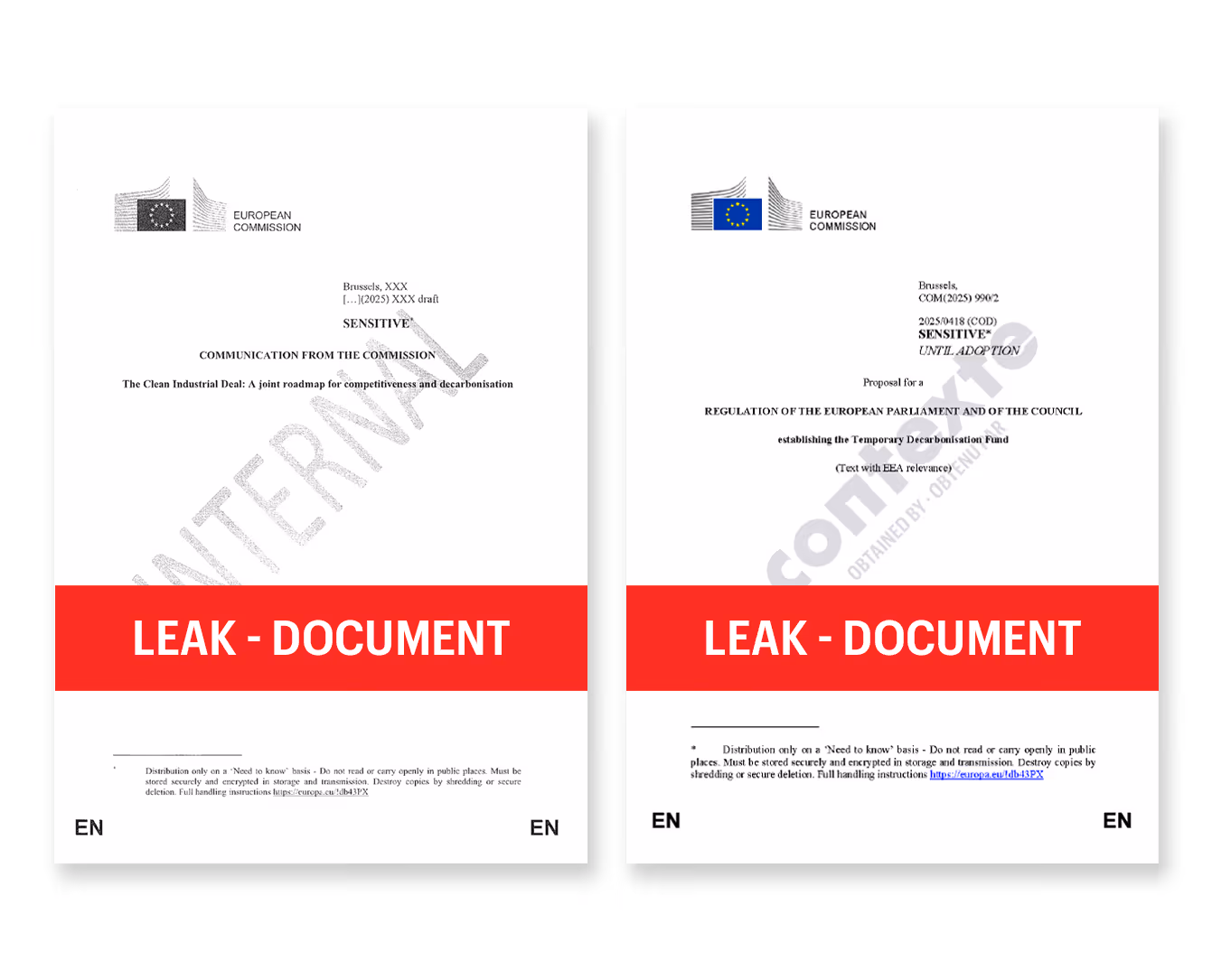 Deux documents officiels de la Commission européenne marqués comme fuites avec une bannière rouge "LEAK - DOCUMENT" au centre.