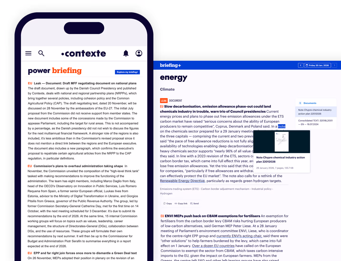 Capture d'écran d'un site d'informations sur un téléphone montrant un briefing sur la politique énergétique européenne et un document de fuite concernant la décarbonisation et les allocations d'émissions.