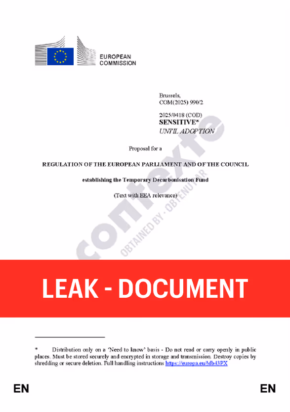Cover page of a sensitive document leaked from the European Commission on the regulation establishing the Temporary Decarbonization Fund.