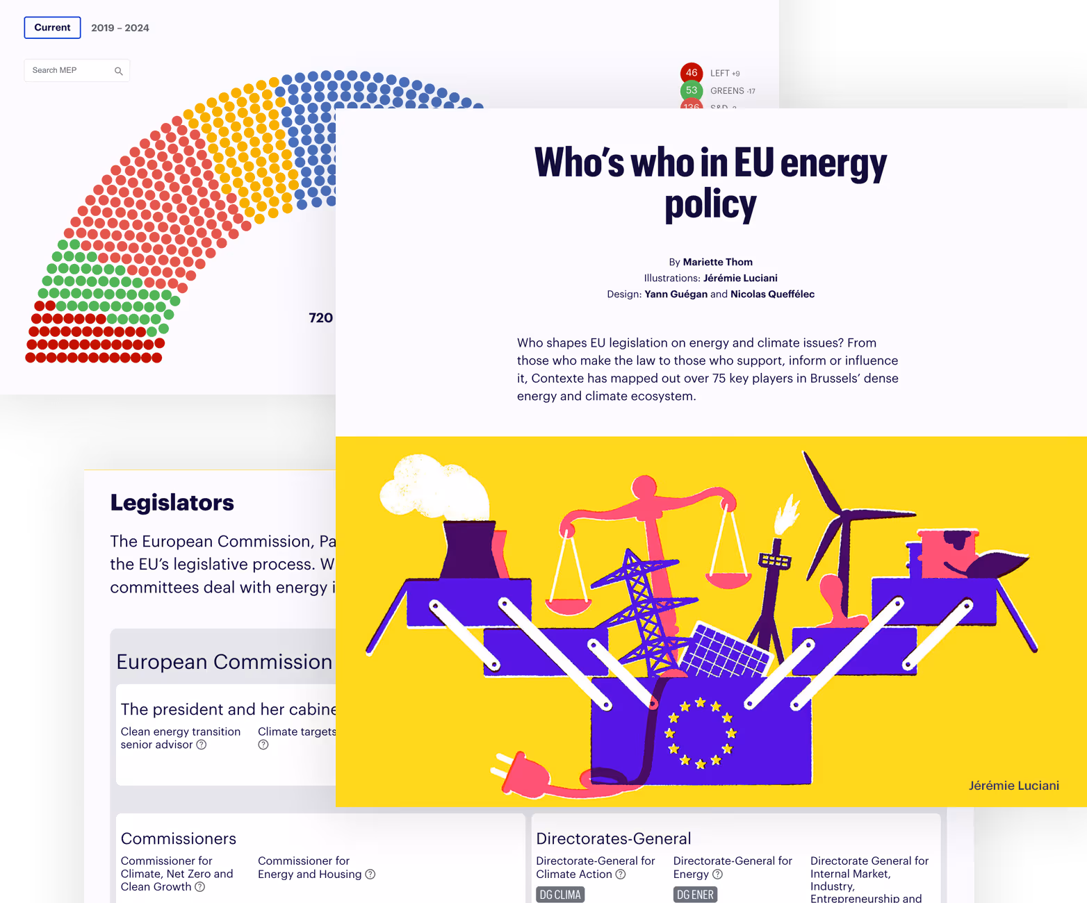 Infographie illustrée montrant des éléments liés à la politique énergétique de l'UE, incluant une balance, une éolienne, des panneaux solaires, une cheminée industrielle, une tour de transmission, et une prise électrique reliée à une boîte aux couleurs de l'Union européenne.