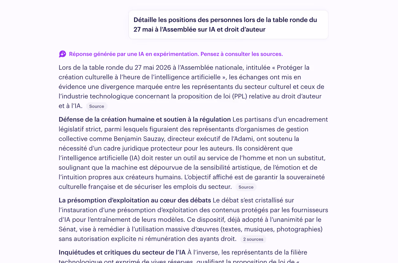 Texte expliquant les positions lors d'une table ronde sur IA et droit d'auteur à l'Assemblée nationale.