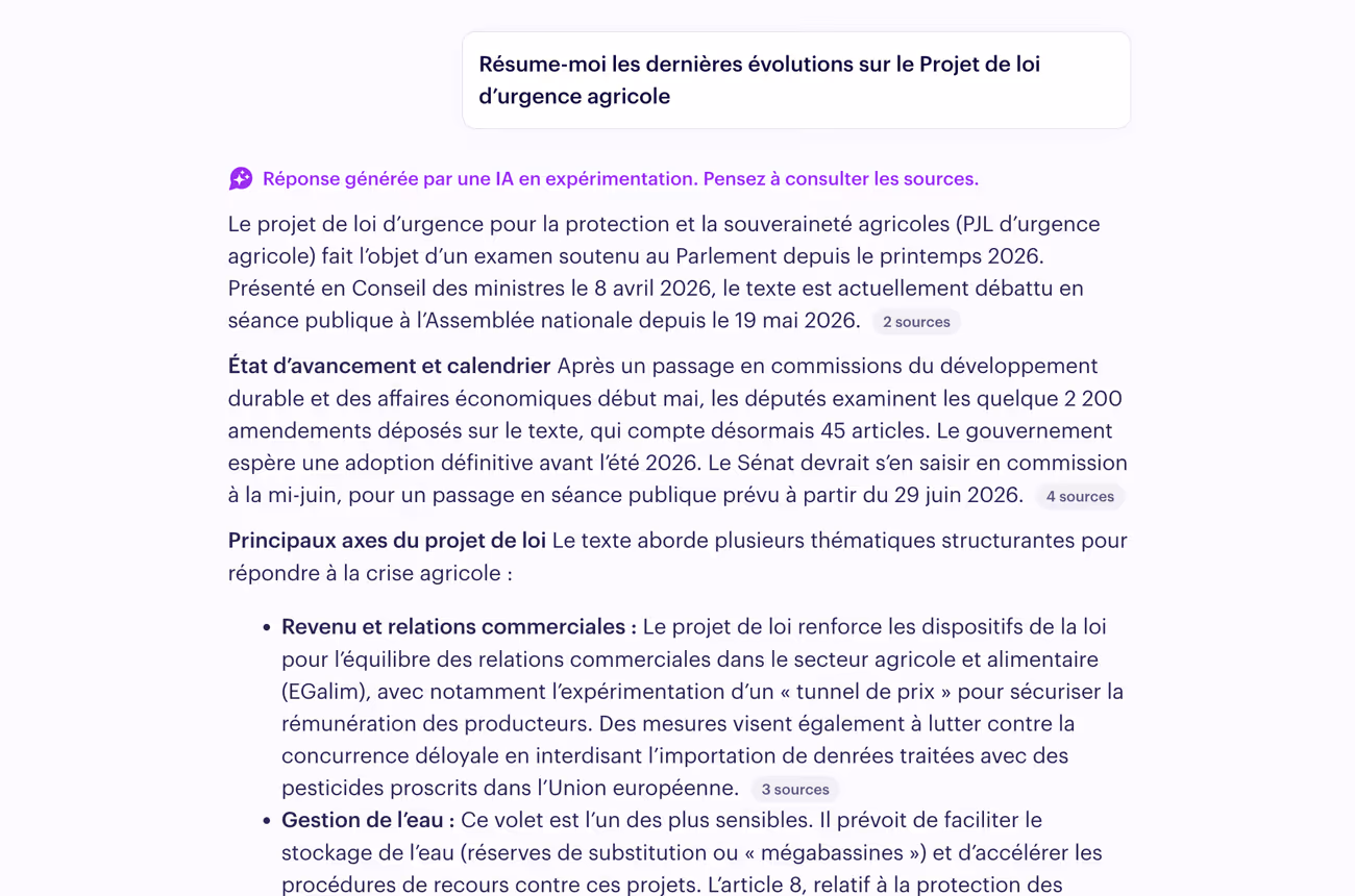 Capture d'écran d'un résumé en français d’un projet de loi d’urgence agricole avec sections et listes.