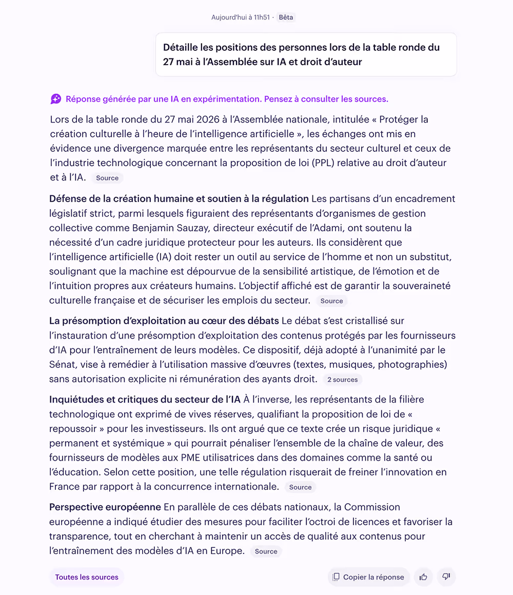 Texte détaillant les positions lors d'une table ronde sur l'IA et le droit d'auteur à l'Assemblée nationale.
