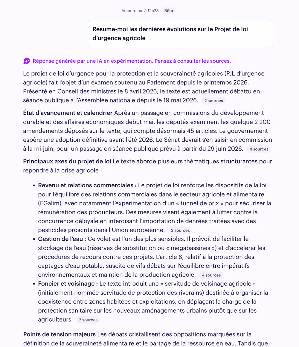 Capture d’écran d’un résumé en français du projet de loi d’urgence agricole avec sections détaillées.