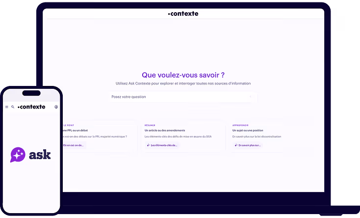 Interface Ask Contexte web et mobile avec champ question et options sur débat, résumé et approfondir.