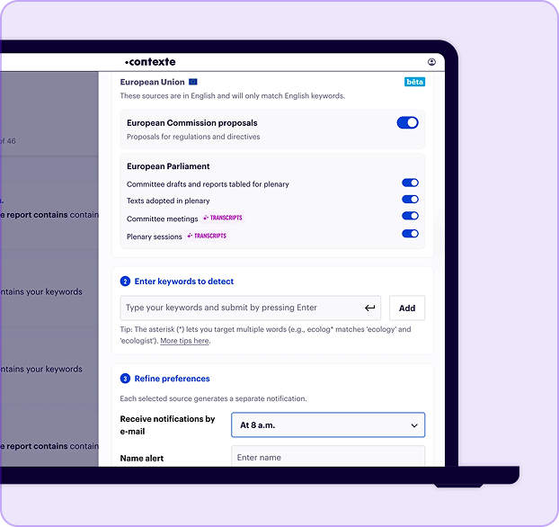Capture d'écran d'une interface web pour détecter des mots-clés dans des documents de l'Union européenne.