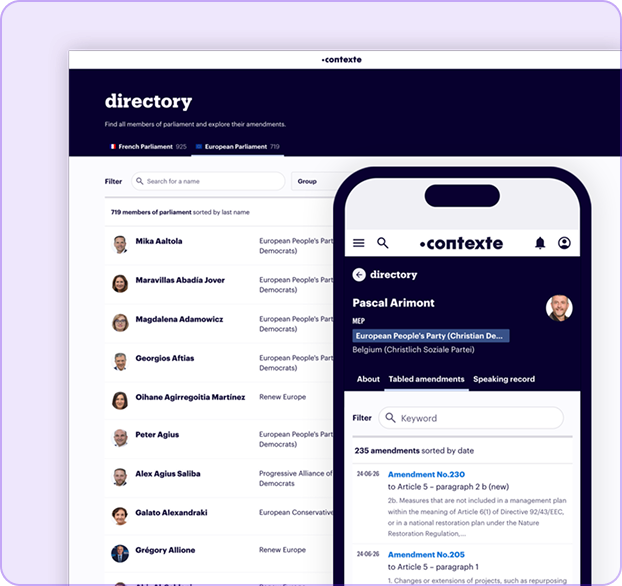 Interface du répertoire du parlement montrant membres et amendements sur ordinateur et smartphone.