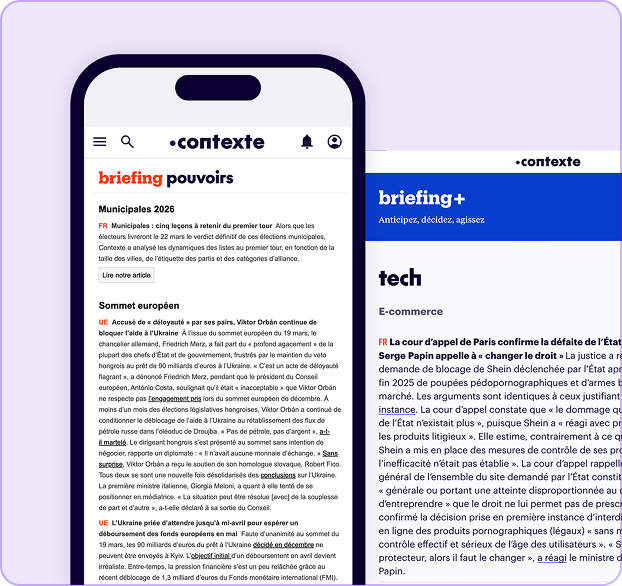 Vue d’un smartphone affichant briefing pouvoirs avec analyses politiques municipales 2026 et sommet européen sur fond violet.