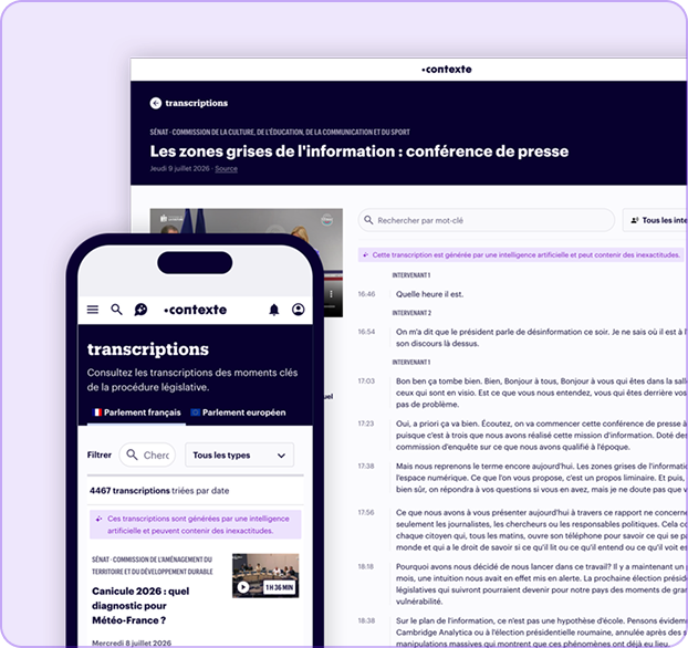 Page de transcription d'une conférence de presse sur les zones grises de l'information vue sur smartphone et écran.