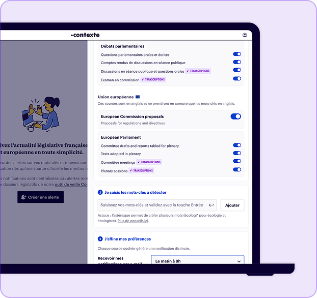Interface web pour configurer alertes avec mots-clés et préférences sur débats parlementaires et UE.