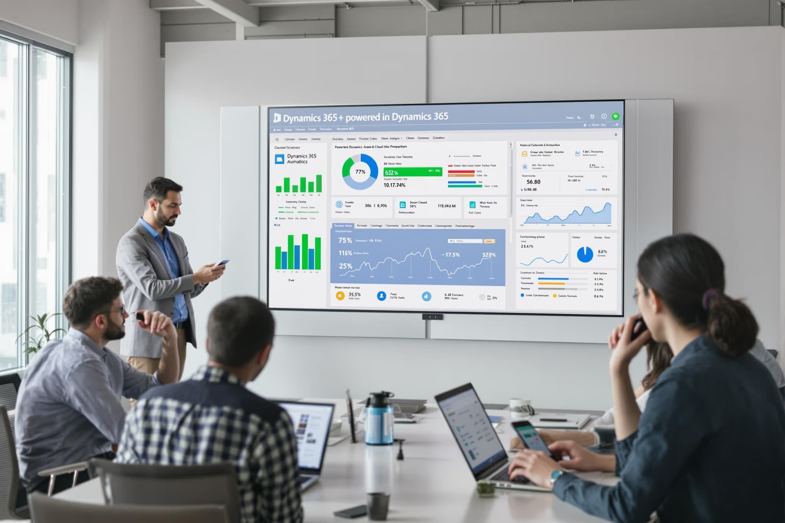 Illustration showing how MS Dynamics 365 facilitates business continuity and boosts productivity with integrated tools and insights.