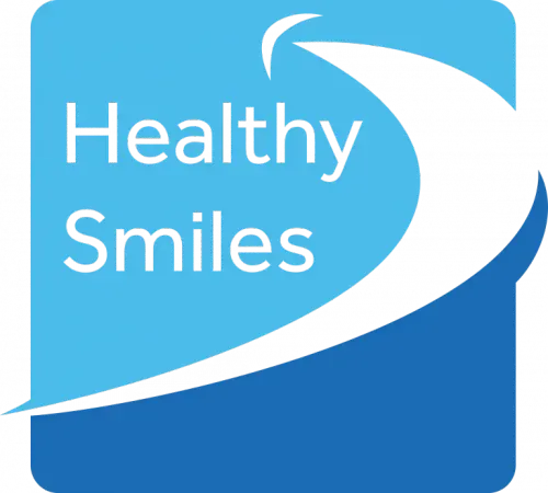 Text that says "Healthy Smiles" on a blue rectangular background with a swoosh design on the right.