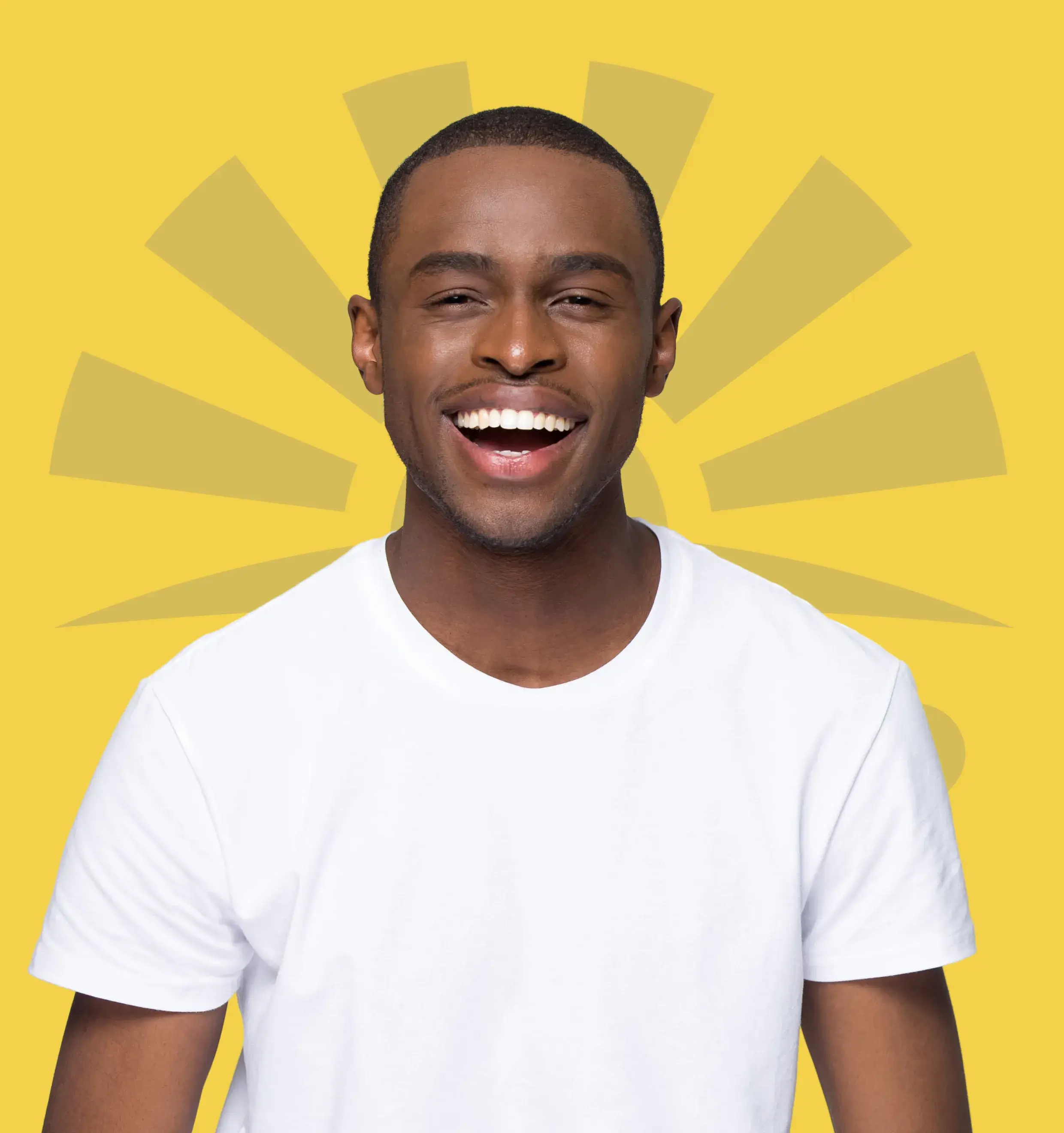 A person in a white shirt is smiling, standing against a yellow background with a sunburst design.