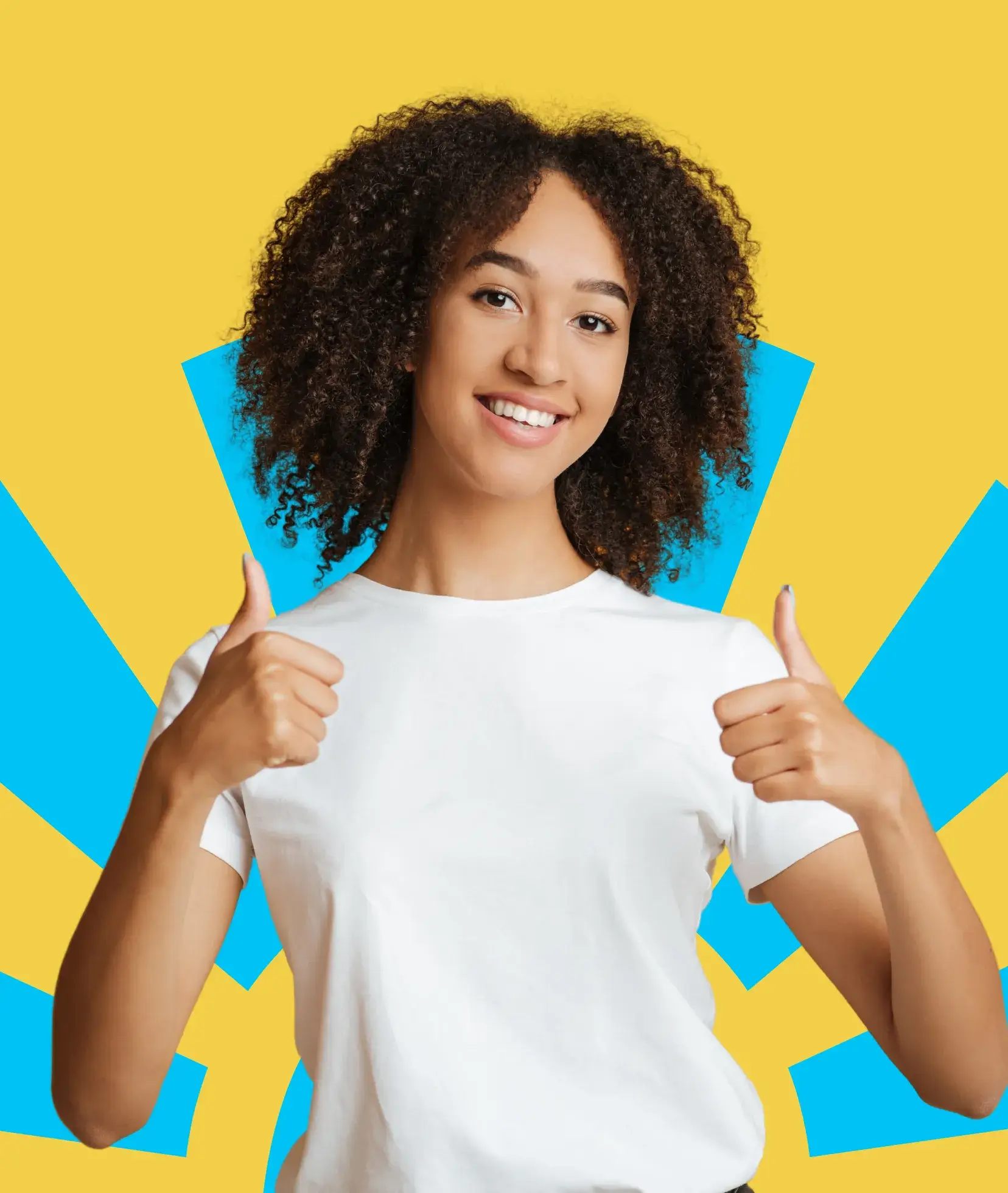 Smiling person in a white shirt giving two thumbs up against a colorful background.