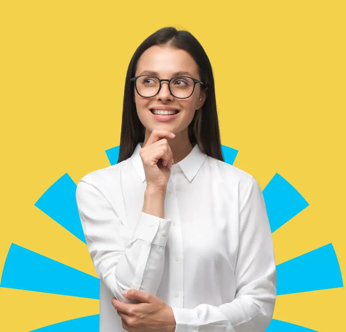 A woman in glasses and a white shirt smiles thoughtfully, with a yellow and blue background.