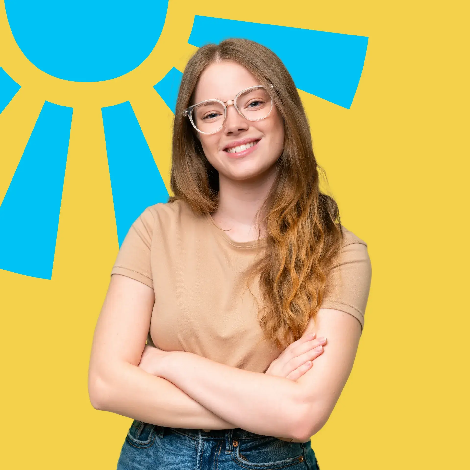 Young woman with long hair and glasses smiling, standing with crossed arms in front of a colorful background.