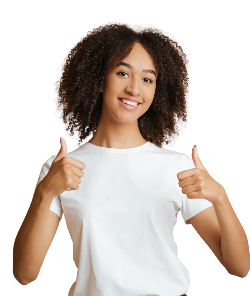 Woman smiling with her two thumbs up