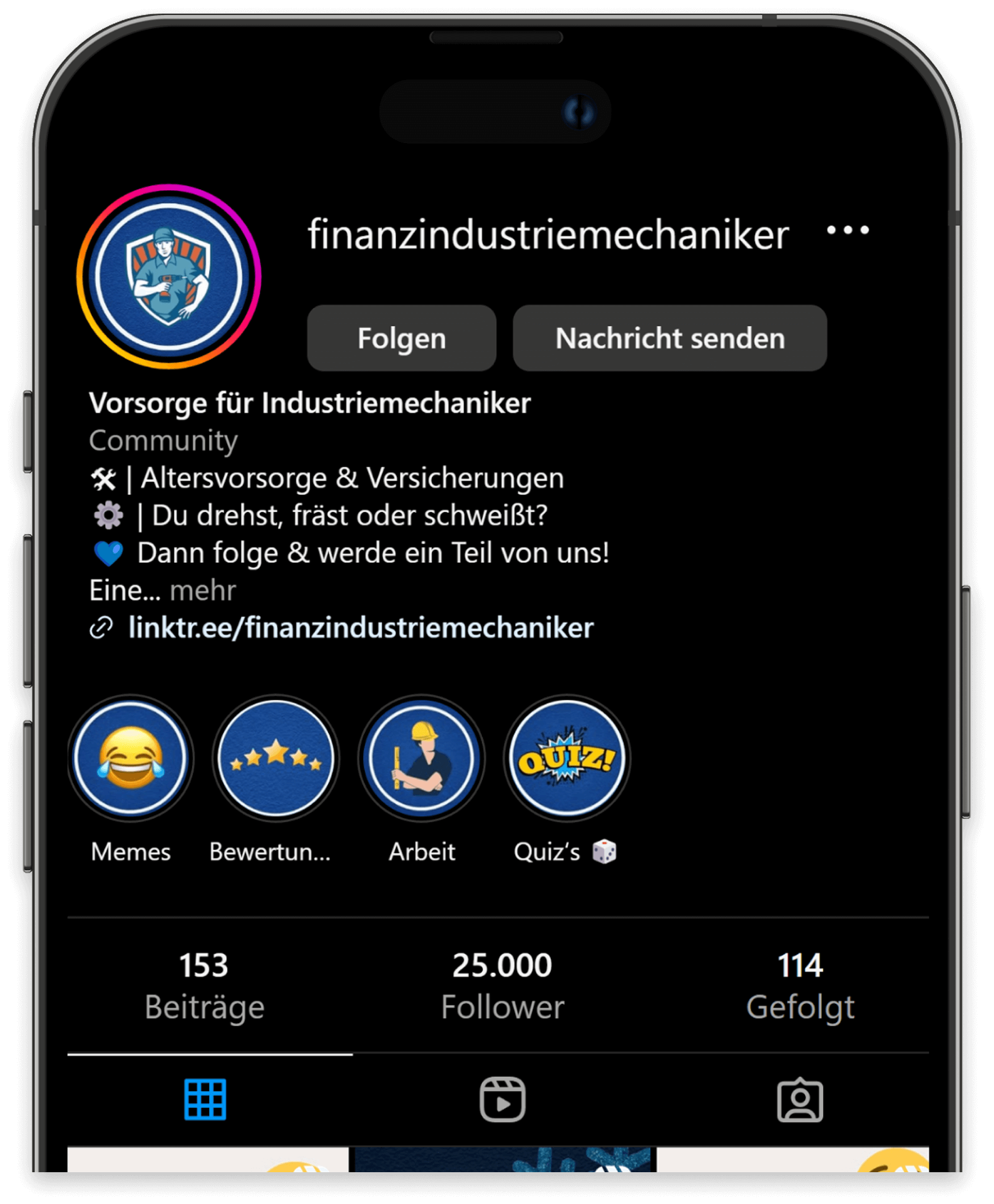 Ein iPhone zeigt die Instagramseite von Finanzindustriemechaniker