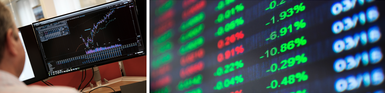 Side by side photos of a team looking at computer screen next to stock tickers