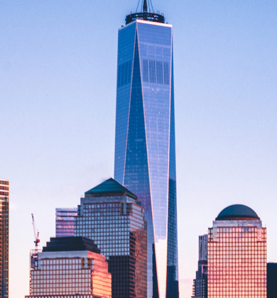 An image of One World Trade Center and surrounding buildings.