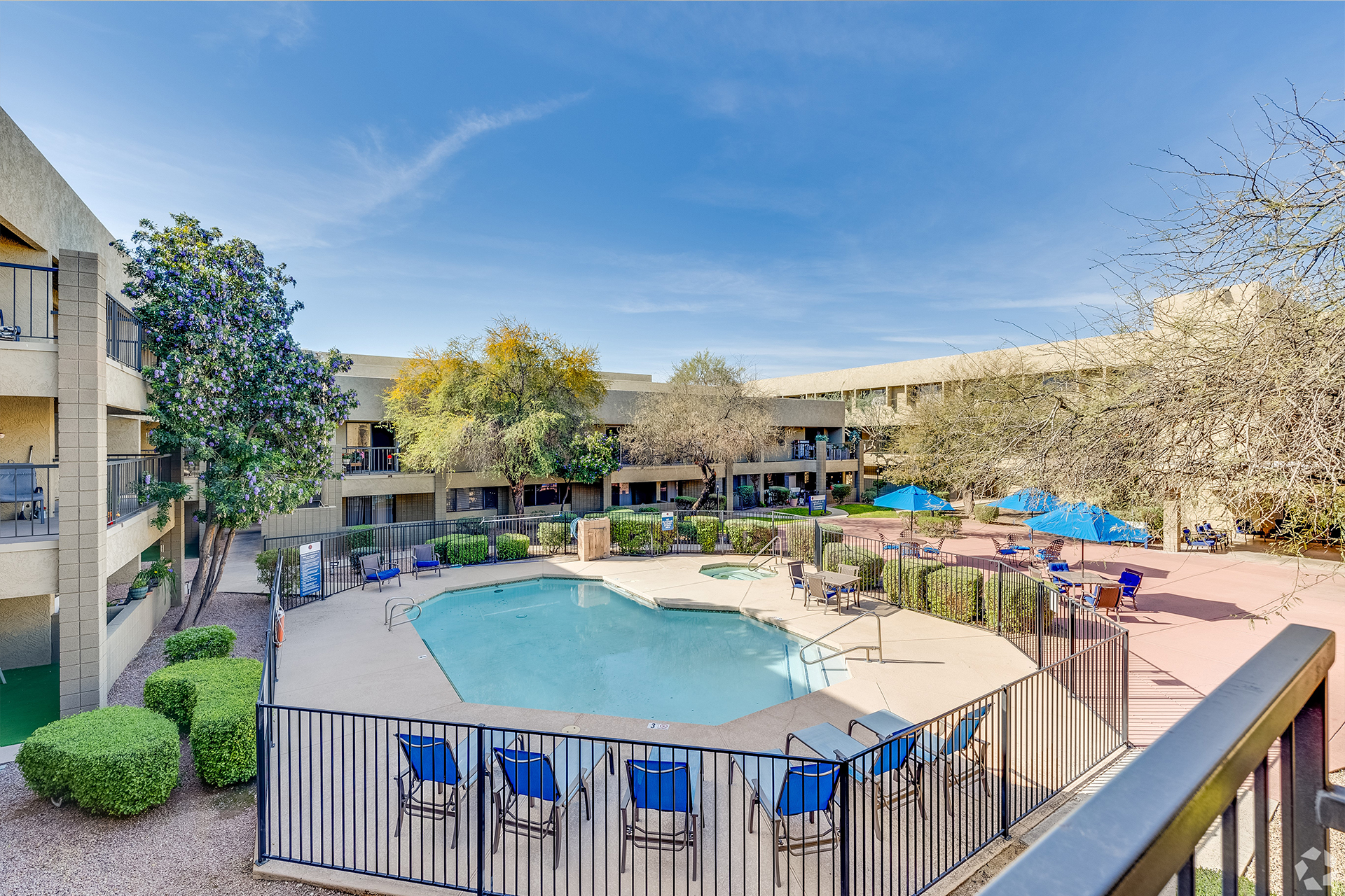 Pool and surrounding courtyard from an upper floor — view 1 at LifeStream at Glendale.