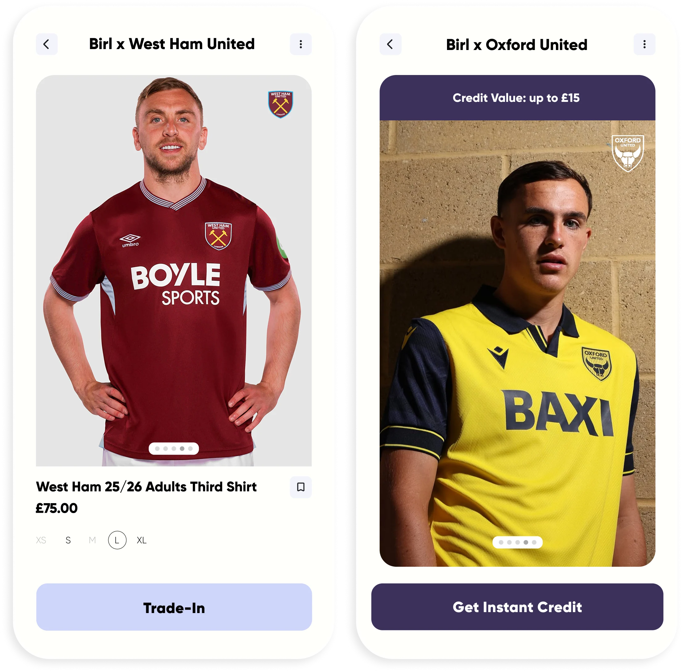 Mockup shot of the Westham & Oxford United use in the Birl App