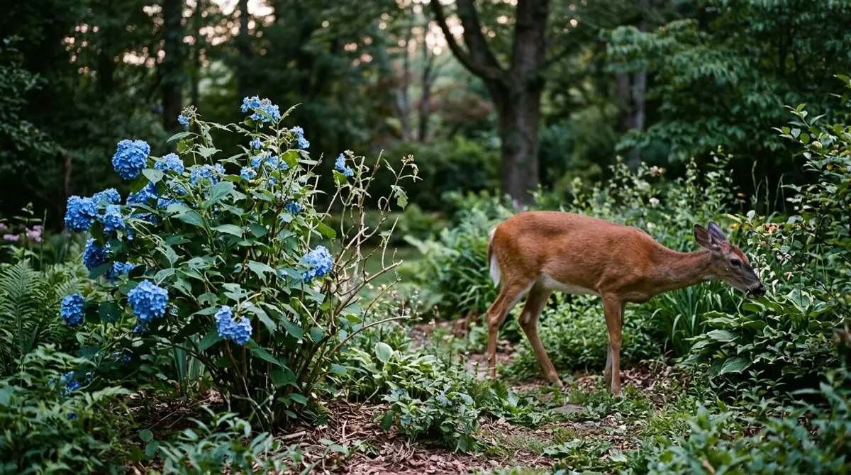 White-tailed deer browsing near a blue mophead hydrangea with torn flower heads