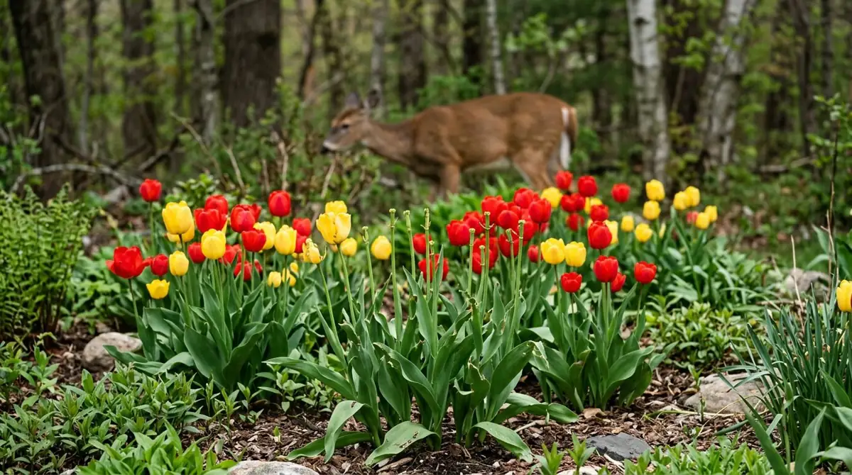 Red and yellow tulip bed with flower buds eaten by a deer in the background