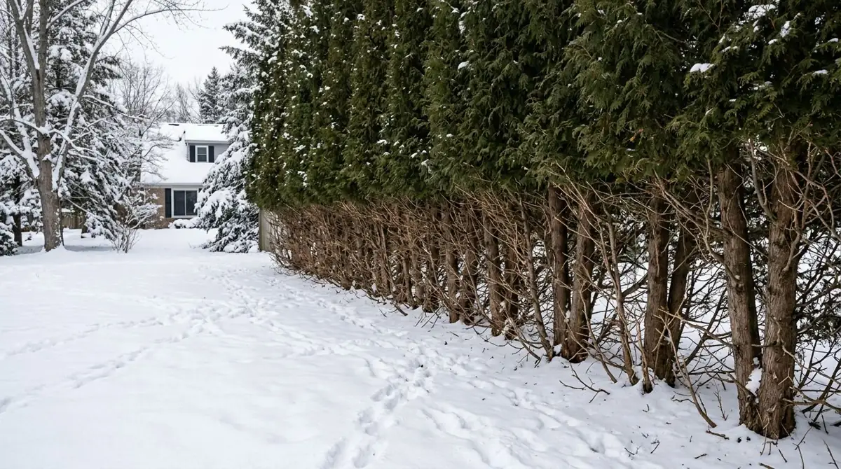 Arborvitae privacy hedge in snow with lower branches stripped by deer in a browse line