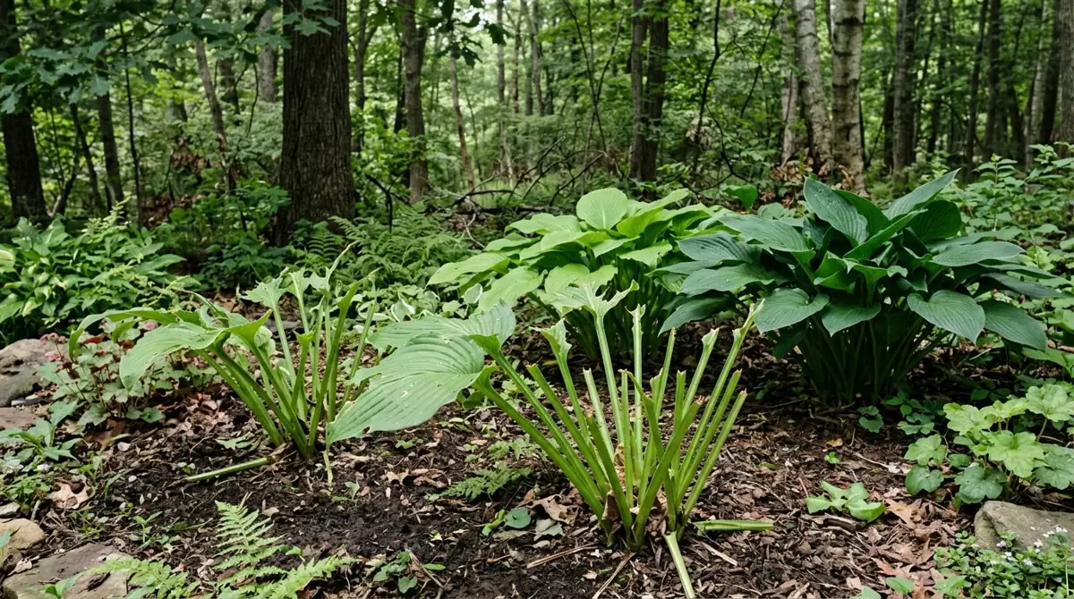 Hosta bed with leaves eaten down to bare stems by deer